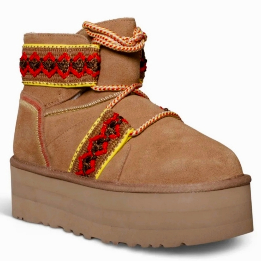 NEW UGG Women's Classic Mini II Braid Platform Boot Suede 8 Sheepskin Chestnut